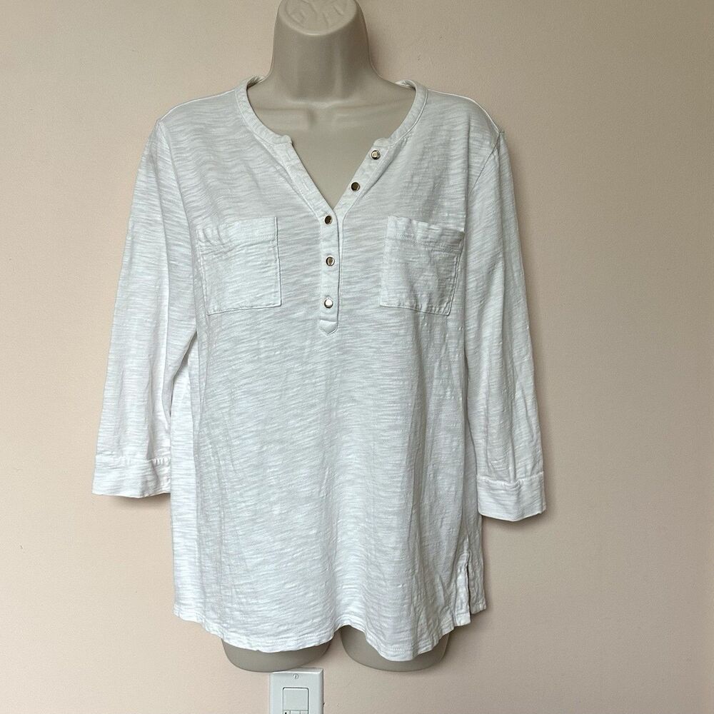 Chicos Ultimate Tee Top 1 Med White Gauzy Pullover Preppy Basic Summer Breezy